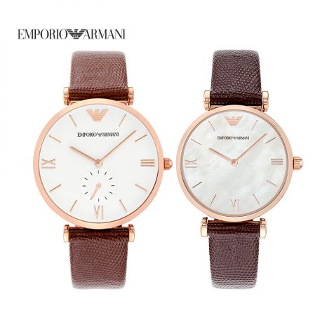 Đồng hồ cặp nam nữ Emporio Armani dây da- màu nâu